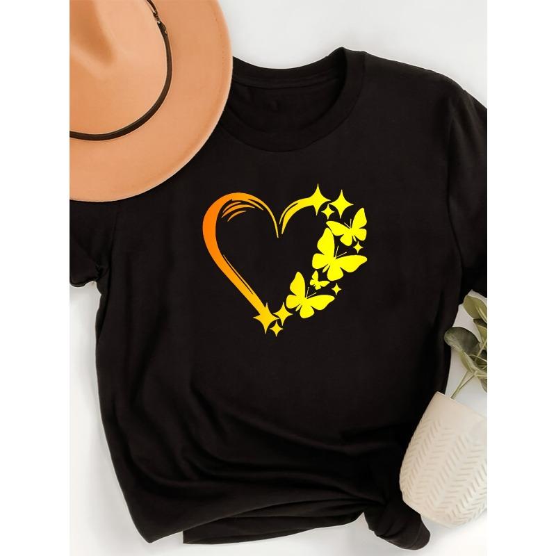 Women S Stylish Short-Sleeve Black Top with a Heart Flutter Butterfly Print, Perfect for Summer S чёрный