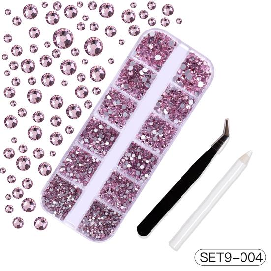 1 Set 12 Grids Nail Art Rhinestone Kit with Storage Box Drill Pen Tweezers Glass Flatback Rhinestone DIY Nail Design Crafting Decoration Fake Gems