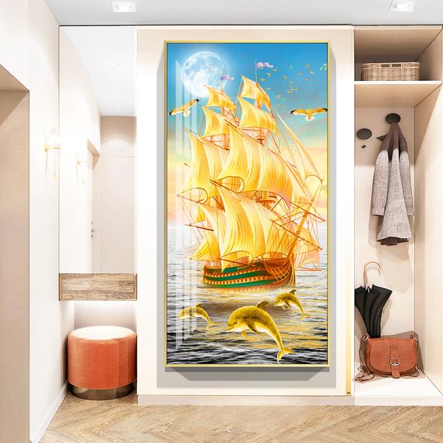 New Chinese Golden Boat Ship Canvas Painting Lucky Stone Zen Posters Landscape Wall Art Pictures for Living Room Porch Decor