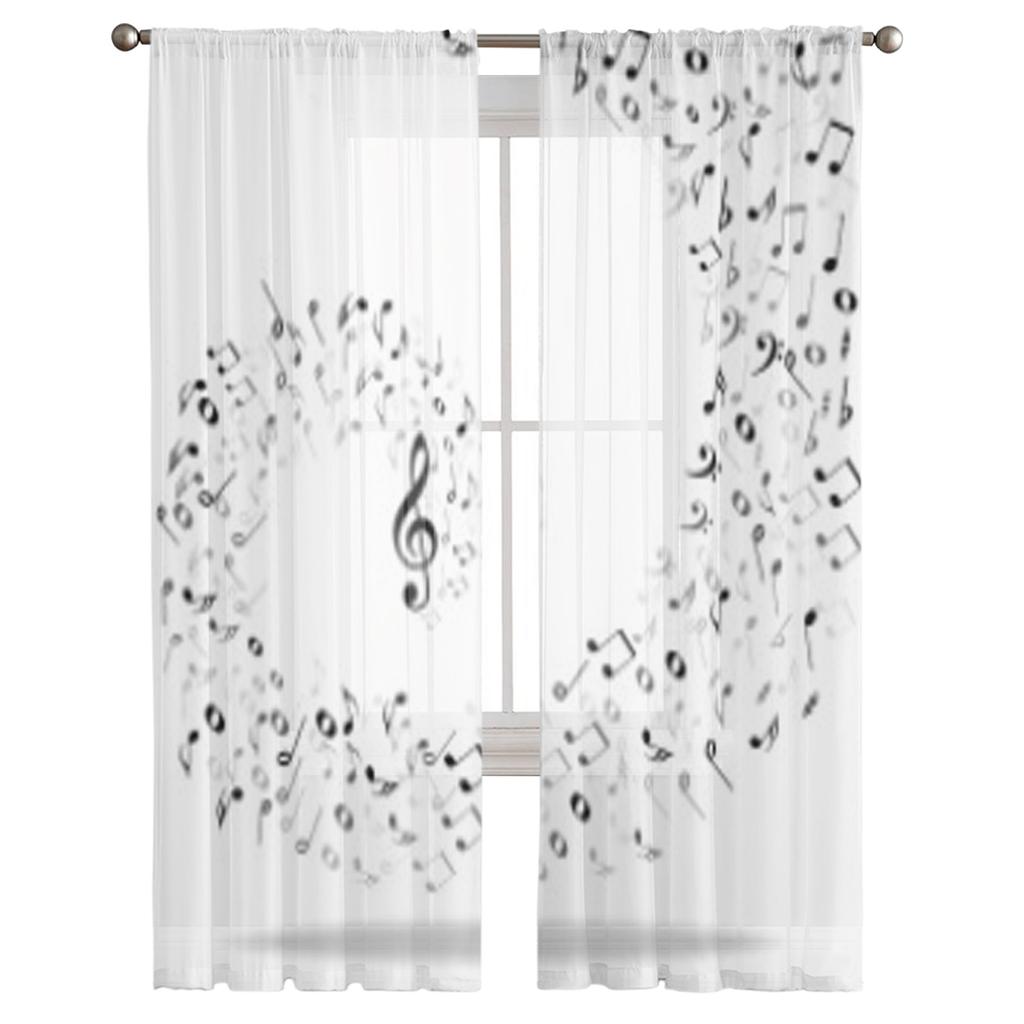 Nuty muzyczne Czarno-białe przezroczyste zasłony do salonu, sypialni, zasłony woalowe na okna, zasłony z organzy, zasłony tiulowe na imprezę