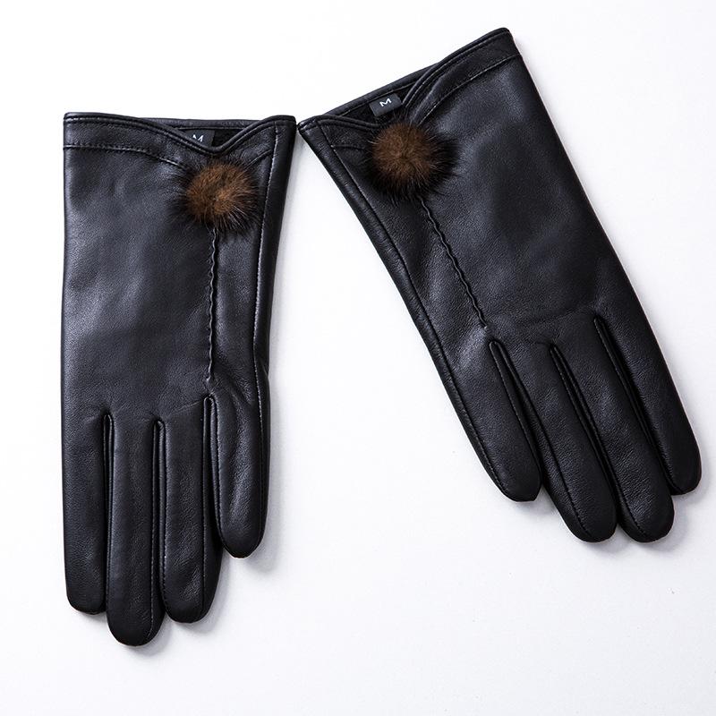 Ladies' Genuine Leather Gloves Made of Genuine Sheepskin with Fleece and Thickened  Windproof and Cold Proof  Winter Cycling Warm Gloves