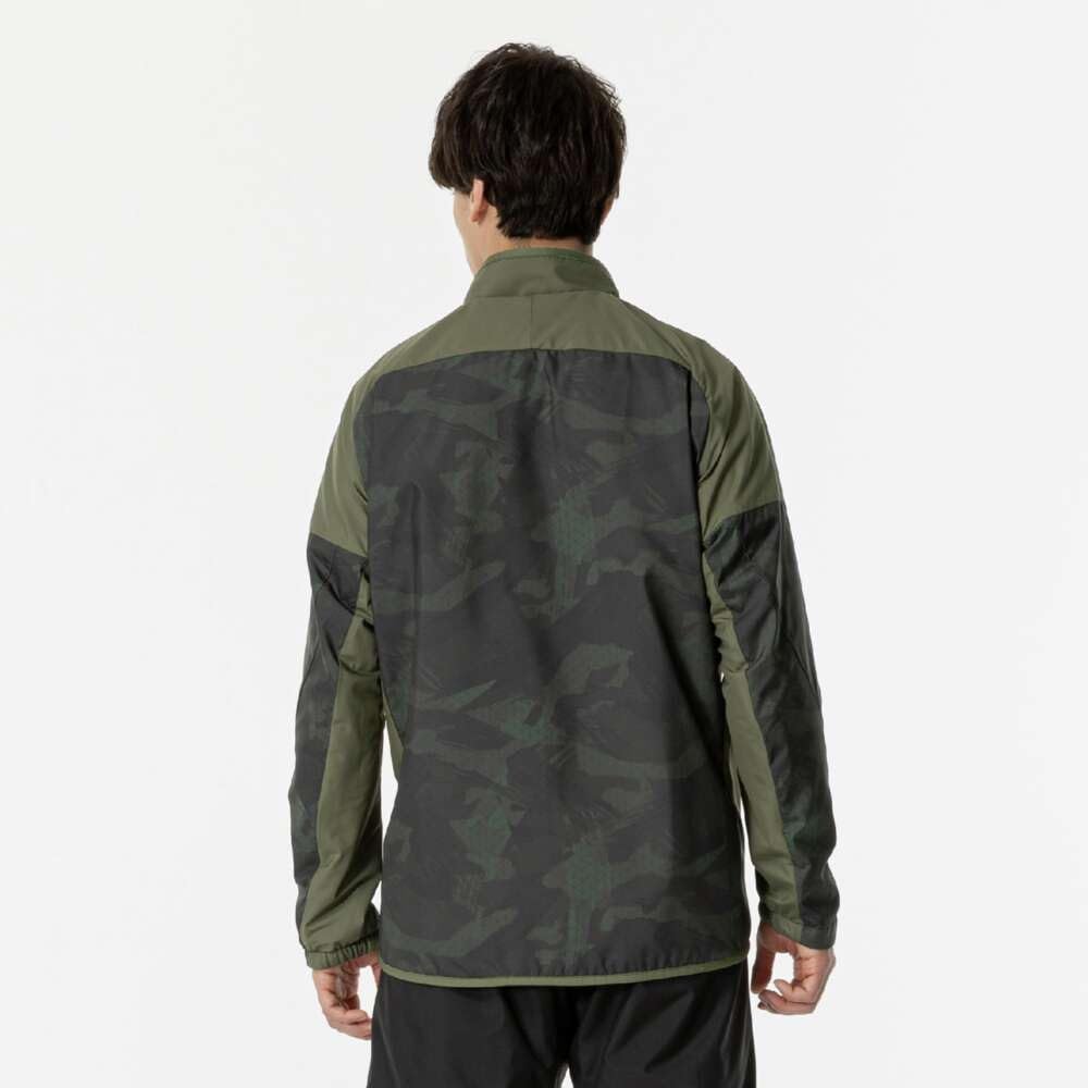 Mizuno Breath Thermo Warmer Training Dark Khaki Jacket, Moisture-Wicking, Heat-Generating, Water-Repellent, Windproof, Brushed, 32MEB541, Men's,