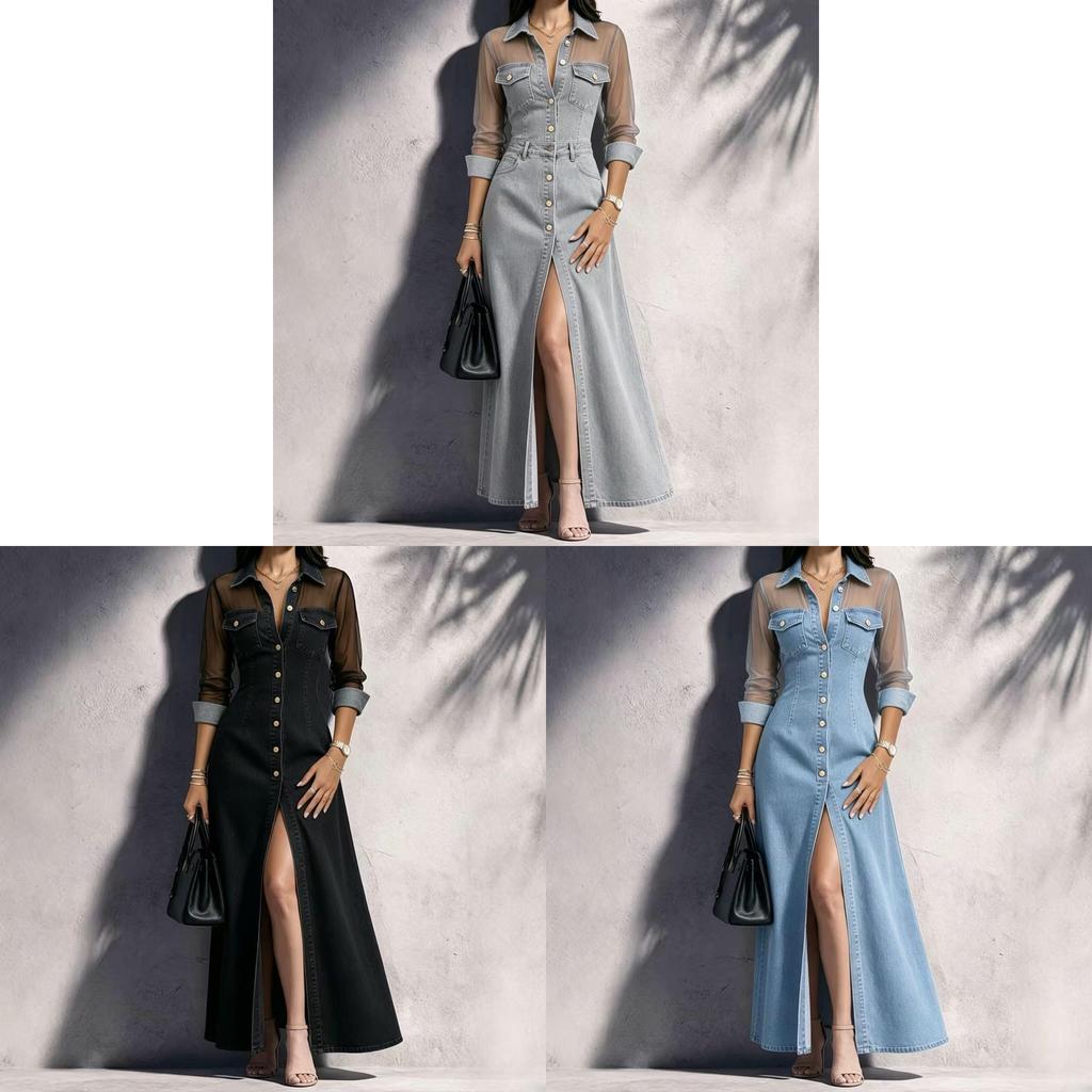 Elegant Spliced Mesh Long Sleeve Dress With Slit For Daily Wear