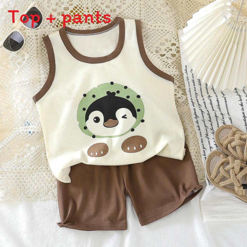Baby Summer Cotton Sleeveless Shorts Set With Cartoon Prints For Toddler Boys And Girls