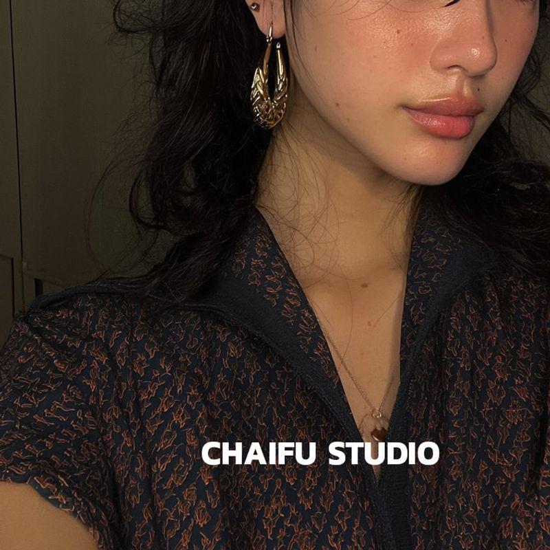 Chaifu Studio/E800 European and American Exaggerated Woven Metal Twist Earrings Niche Hip-Hop Design Earrings Golden Pair