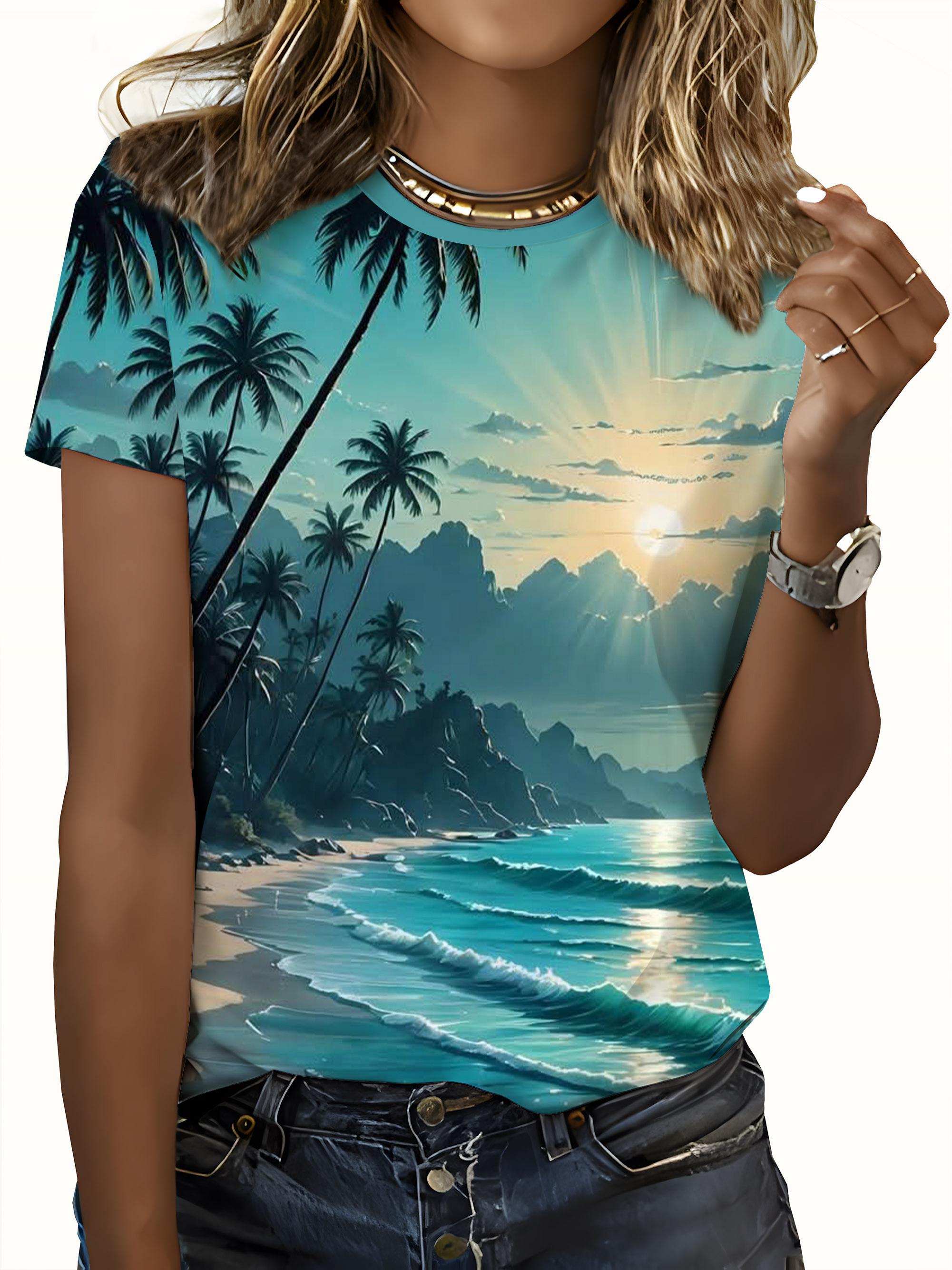 New SpringSummer Fun-Tropical Island Sunset Scenery Print T-Shirt - A Must-Have Eye-Catching  Top for Women S