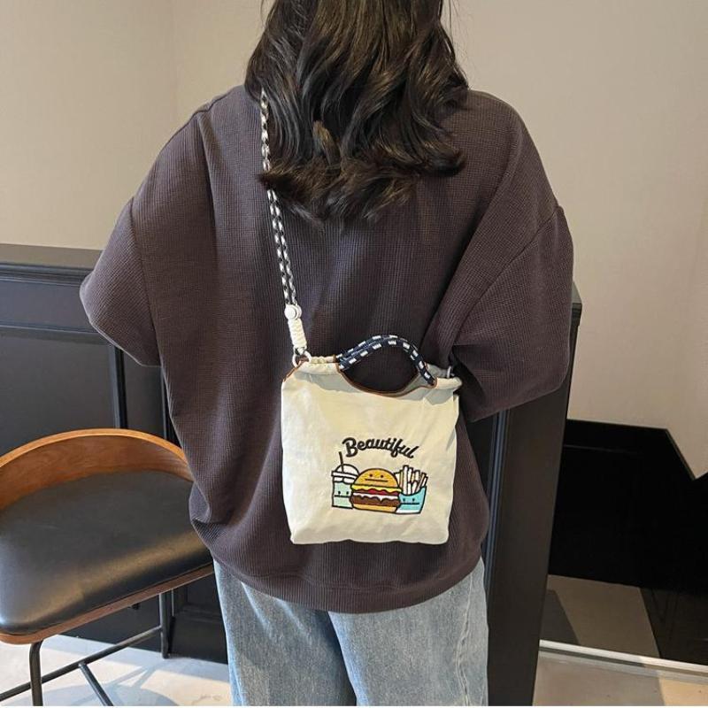Fashion Sweet Nylon Embroidered Canvas Shoulder Bag Casual Commuter Student Small Square Bag Trend Versatile Crossbody Bag