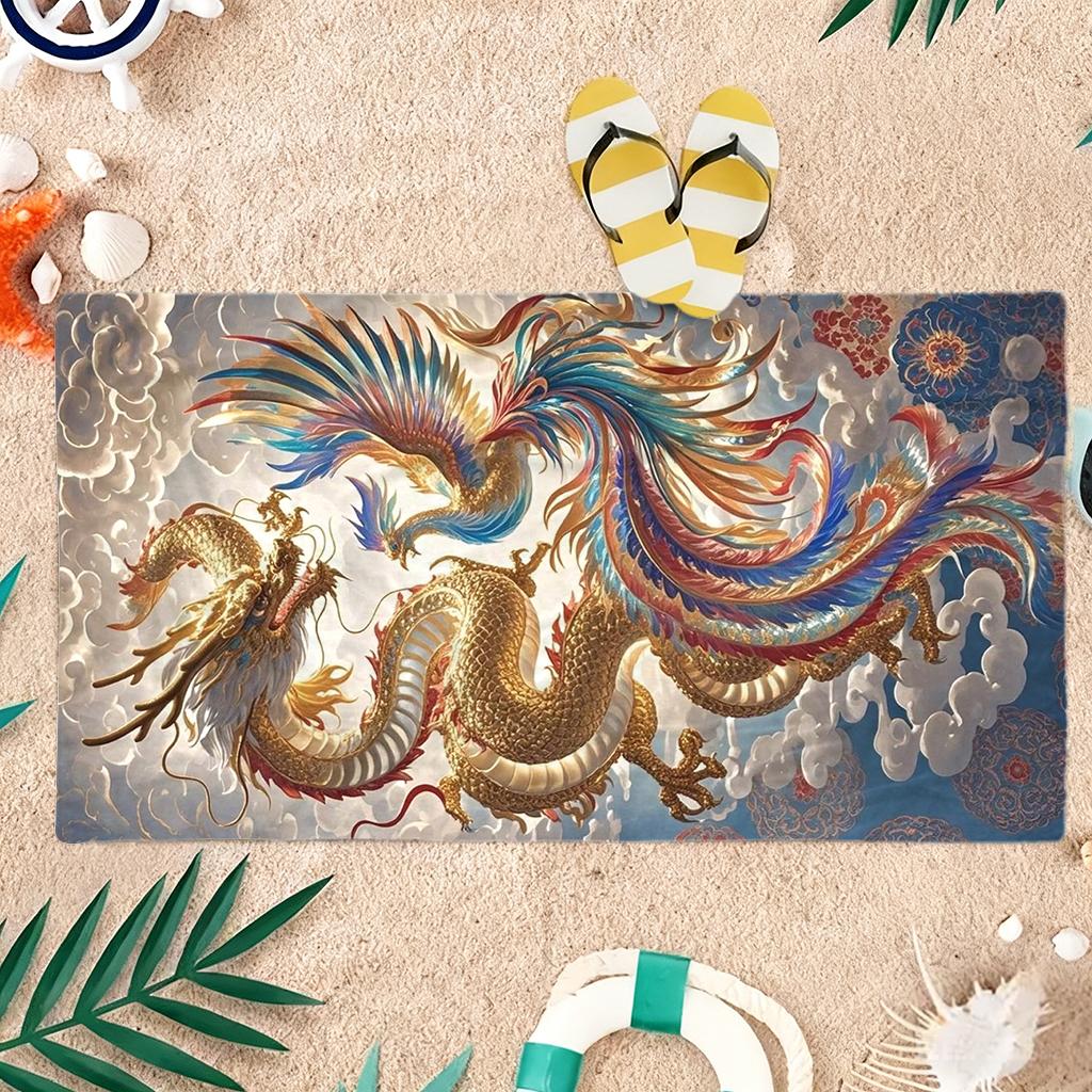 Traditional Chinese Dragon and Phoenix Beach Towel Quick-drying Towel Suitable for Seaside Pool Camping Yoga For Family Friends