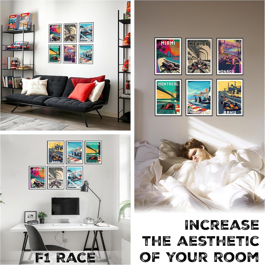 HK Studio F1 Race Car Posters Decor 8" X 11" Pack 6 - Dorm Decor, Vintage Room Decor Aesthetic, Teen Room Decor