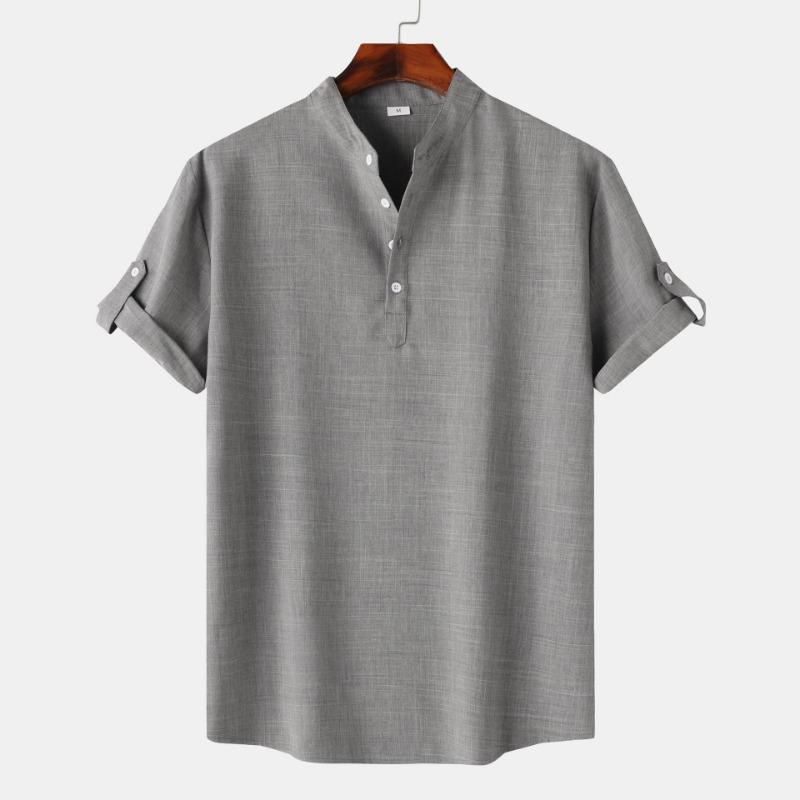 

Men s Henley Shirt Short Sleeve Stand Collar Casual Linen-Like Top with Roll-Up Sleeves S