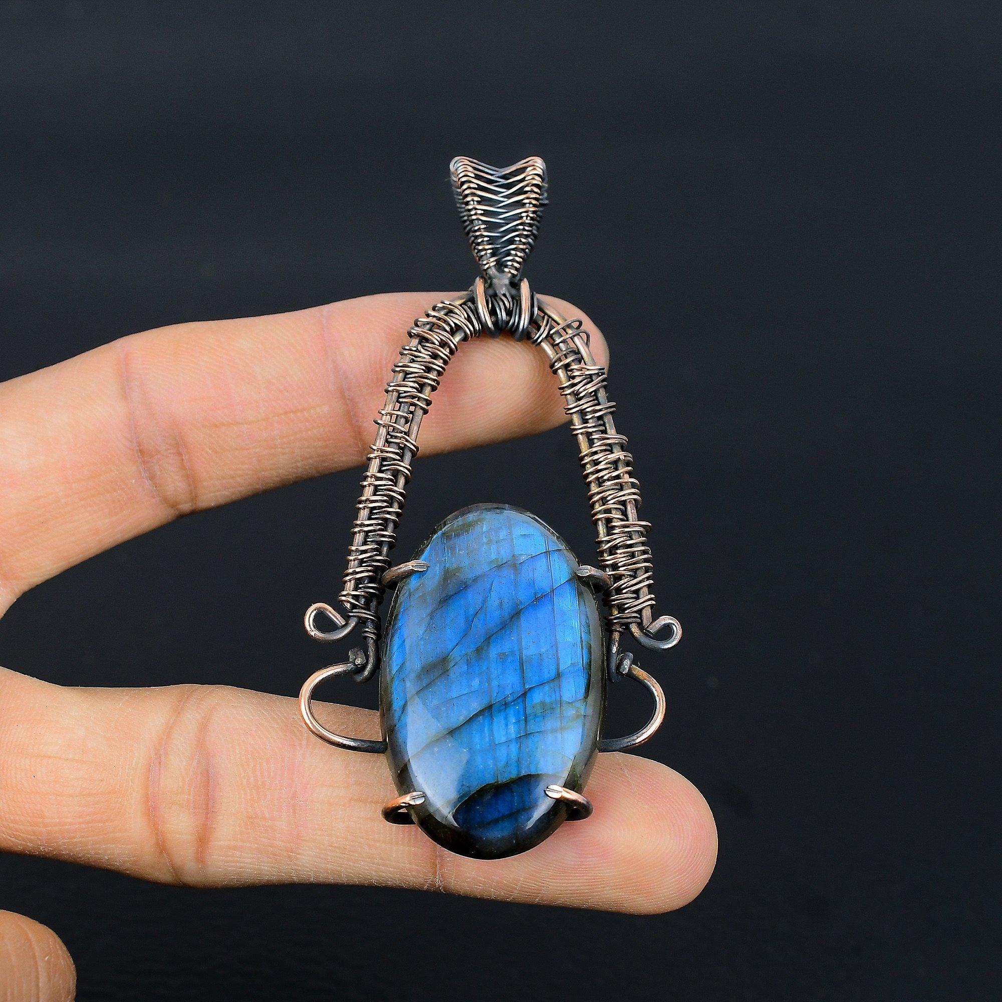 

Подвеска из лабрадорита, Подвеска ручной работы, обернутая медной проволокой 999 пробы, Антикварное украшение, Для подарка, Серебряное украшение 2.88 Inches