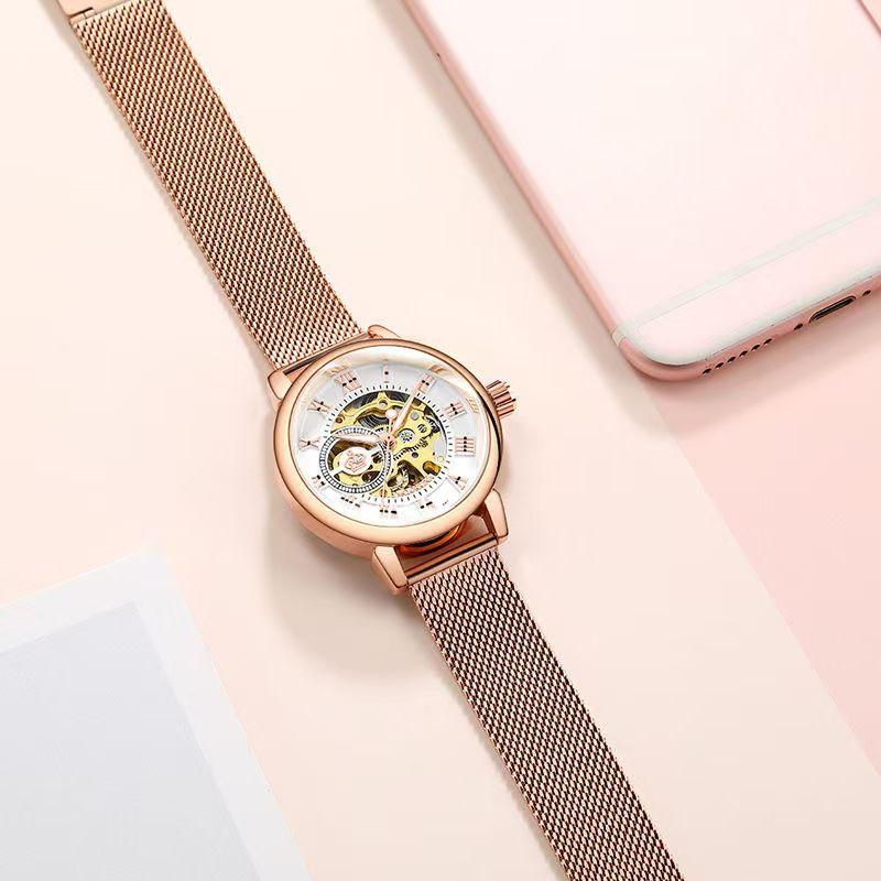 Orologi Meccanici di Lusso da Donna Oro Rosa Scheletro Automatici da Polso Regalo