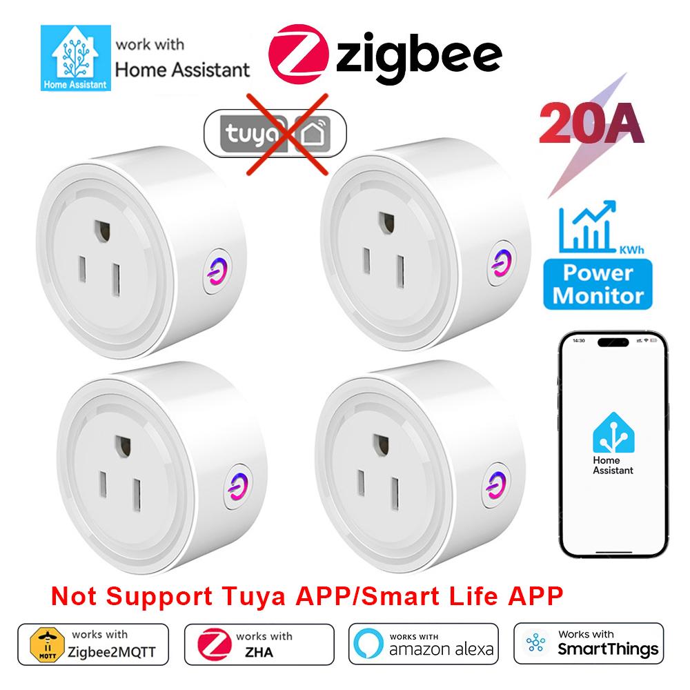 Zigbee2MQTT Smart Plug Zigbee US Socket 20A Wireless Home Outlet with Power Monitor APP Control Works with Alexa Home Assistant