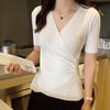 Women Summer V-Neck Ice Silk Knitted Thin Sweater Shirt Top Short Sleeve Slim Irregular Bottoming Button Solid Color
