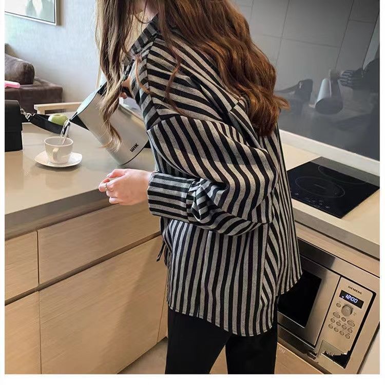 

Женская полосатая рубашка большого размера в стиле ленивой моды на весну и осень, повседневная универсальная рубашка с длинными рукавами в стиле BF M