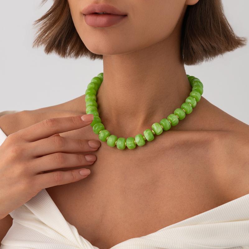 Trendy Y2K Aesthetic Smudge Resin Bead Chain Necklace Lightweight for Women Summer Beach Wear Jewelry Gift