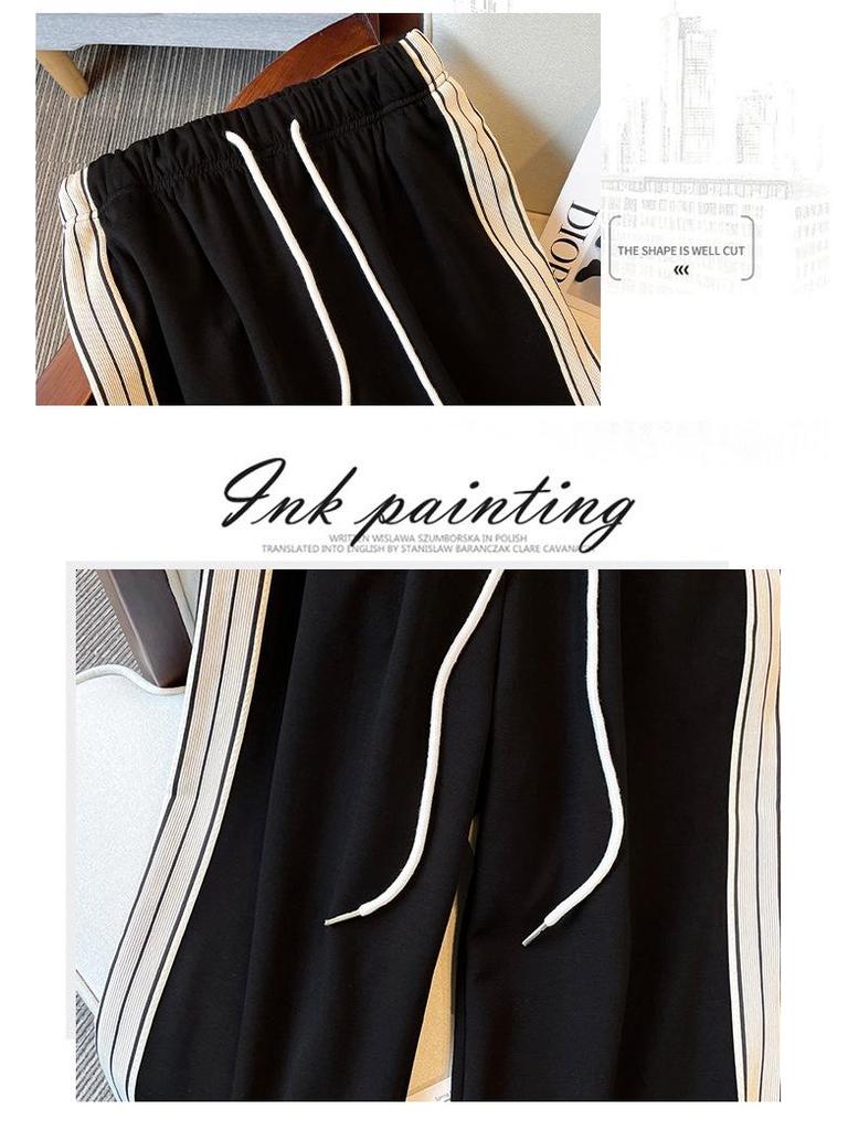 Übergröße Damen Frühlingsmode Zweiteiler: Stehkragen-Oberteil mit Workwear-Hose mit drei Streifen