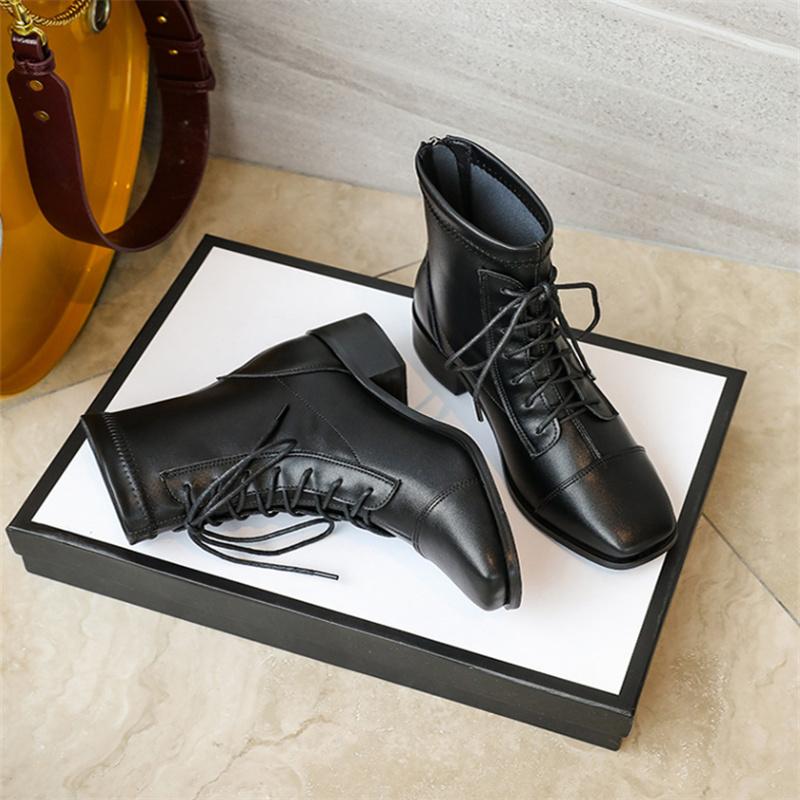 32-41 Genuine Leather Ankle Boots Comfort Women Short Boots Autumn Winter Mid Heel Square Toe Chelsea Elastic Boots For Women