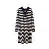 Women's French Retro Striped Wool Knit Hooded Dress - Casual, Loose, Autumn/Winter Fashion