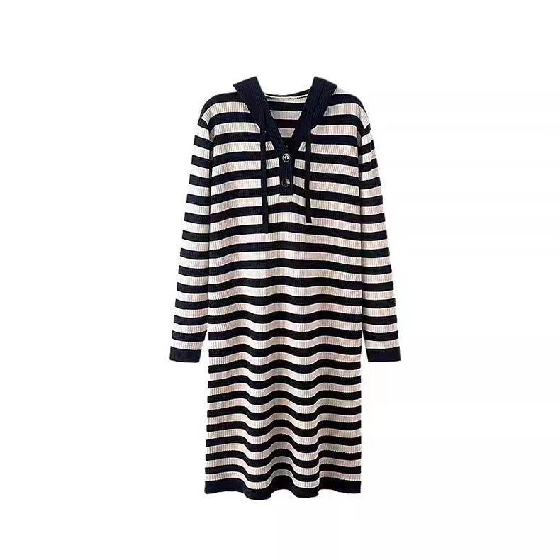 Women's French Retro Striped Wool Knit Hooded Dress - Casual, Loose, Autumn/Winter Fashion