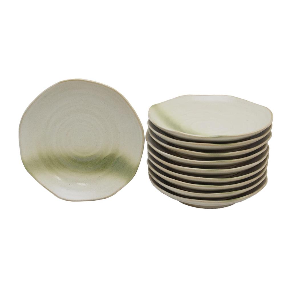 Castle Enterprise Mino Ware Japanese Cafe Series Rough-Kezuri Twisted Coffee Plates, Ochre-Colored Ink Finish, Set of 10