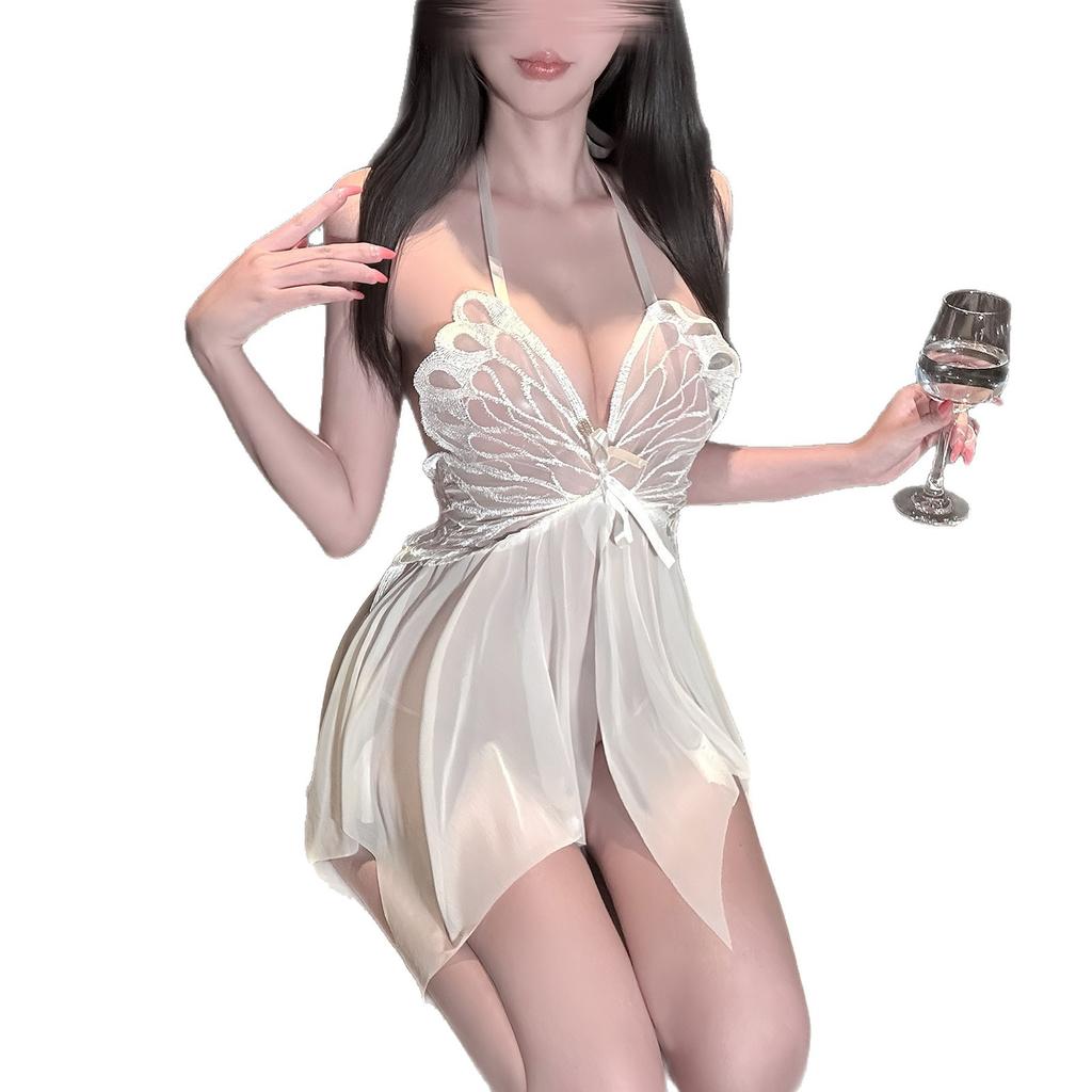 Mesh sex underwear butterfly large size pure desire backless temptation mesh perspective suspender nightdress uniform set