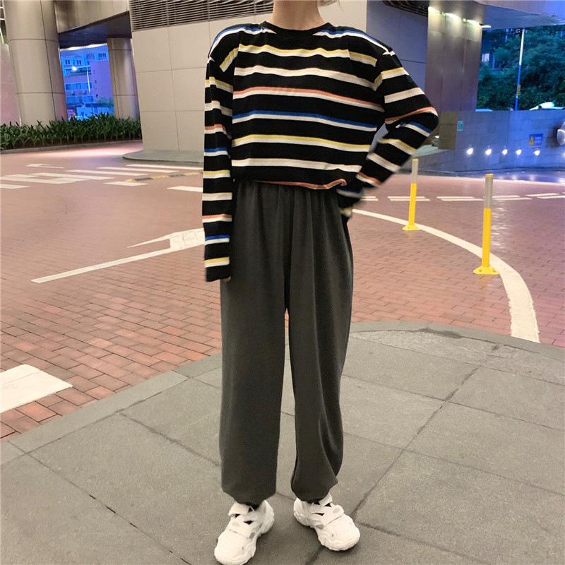 Women's Contrast Stripe Long-Sleeve T-Shirt - Autumn 2025 Korean Loose Casual Style