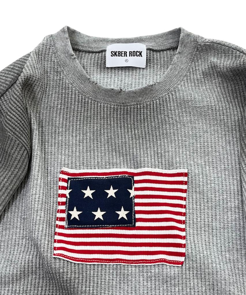 SK8ER ROCK Grunge Flag Waffle T-Shirt ((Melange Gray))