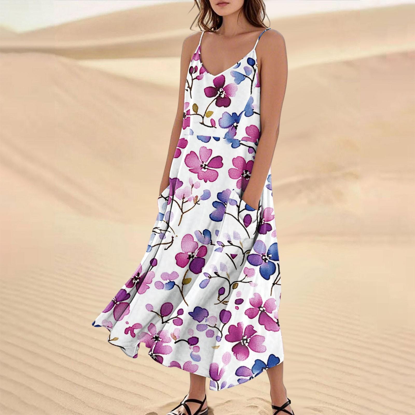 

Женское модное повседневное длинное пляжное платье без рукавов с карманом и цветочным принтом M