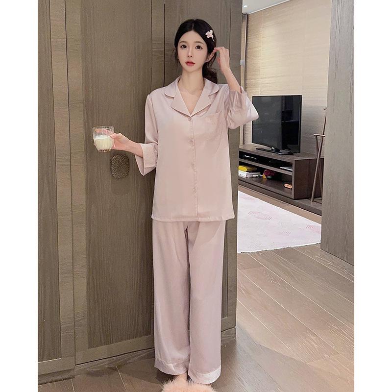 Solid color hot diamond simple light luxury nine-quarter sleeve pajamas women's ice silk silk autumn and winter comfortable loungewear set
