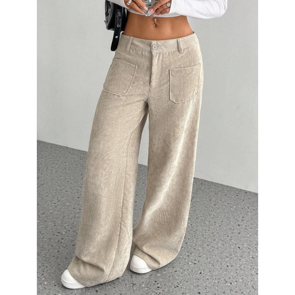 Corduroy-Textured Women's High-Waisted Wide-Leg Pants | Relaxed Fit, Side Pockets & All-Season Comfort, Machine Washable Beige Trousers