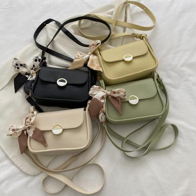 Fashion Women Crossbody Bag with Silk Scarf Detail, Small Square Shoulder Purse with Round Gold Buckle for Casual Daily Commute