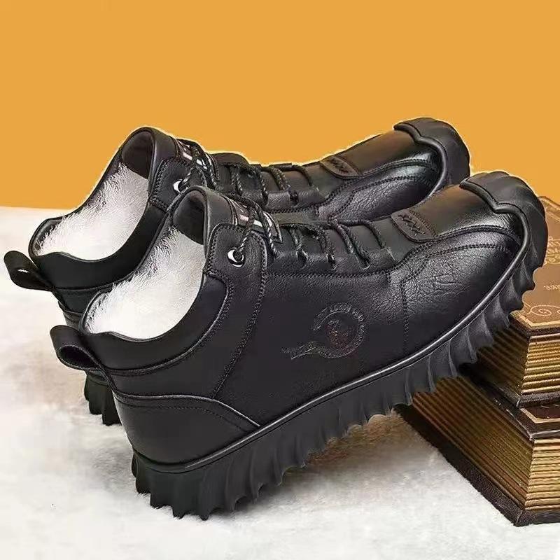 Winter Fur Integrated Warm Velvet Padded Thickened Men's Leather Ankle Boots Platform Snow Boots