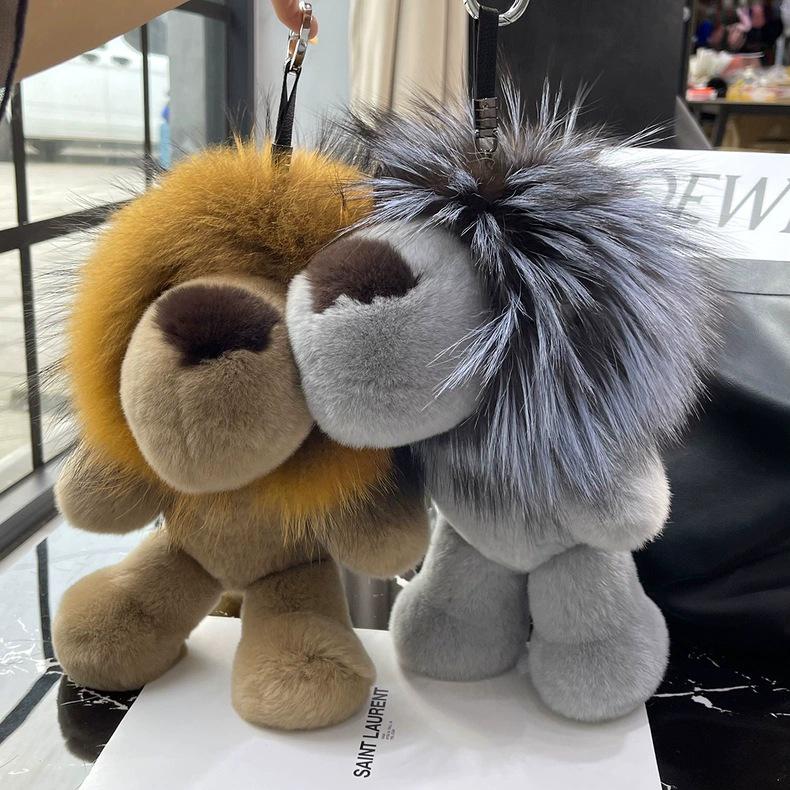 Genuine Rex Rabbit Fur Lion Plush Doll - Cute Children's Toy and Hanging Ornament