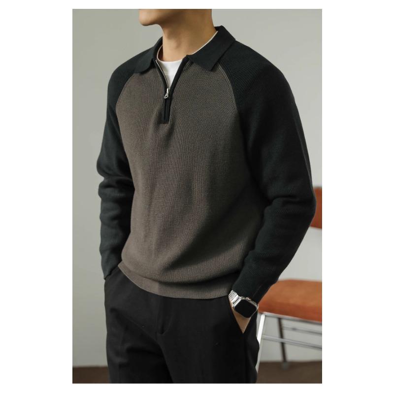 Men S Polo Collar Color Block Knit Sweater Half Zip Casual Spring Autumn