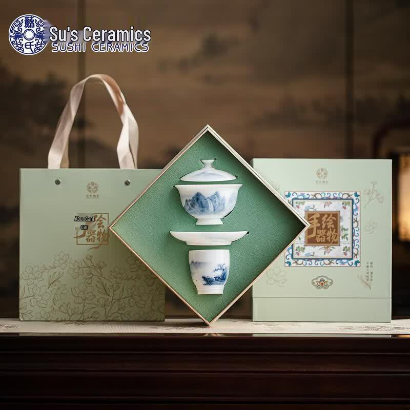 Su-Style Hand-Painted Ice-Jade Porcelain Gaiwan Tea Set