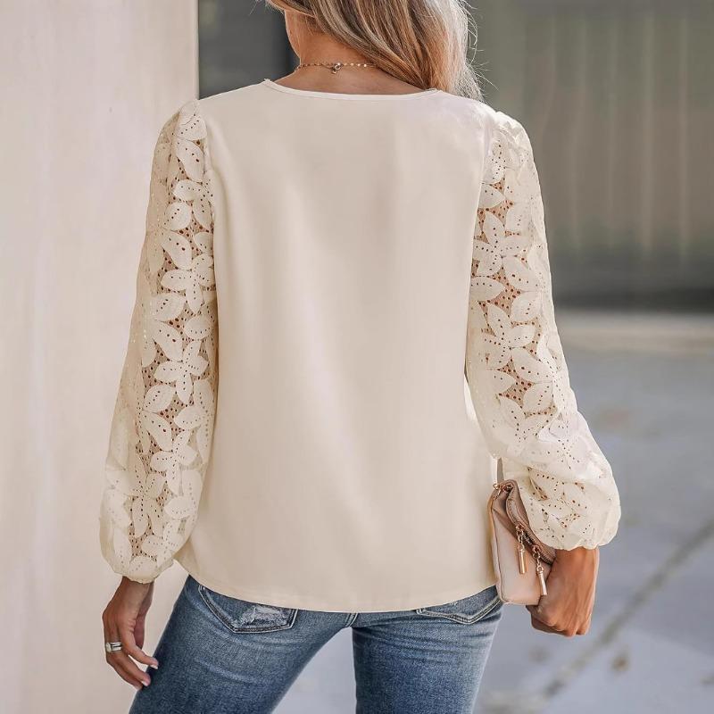 Spring New Women's V-neck Lace Hollow Lace Long-sleeved Loose Pullover Shirt