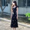 Feifei Sleeve Butterfly Printed Fishtail Dress Black Waist Medium and Long Sleeveless Dress Women's Summer New Skirt