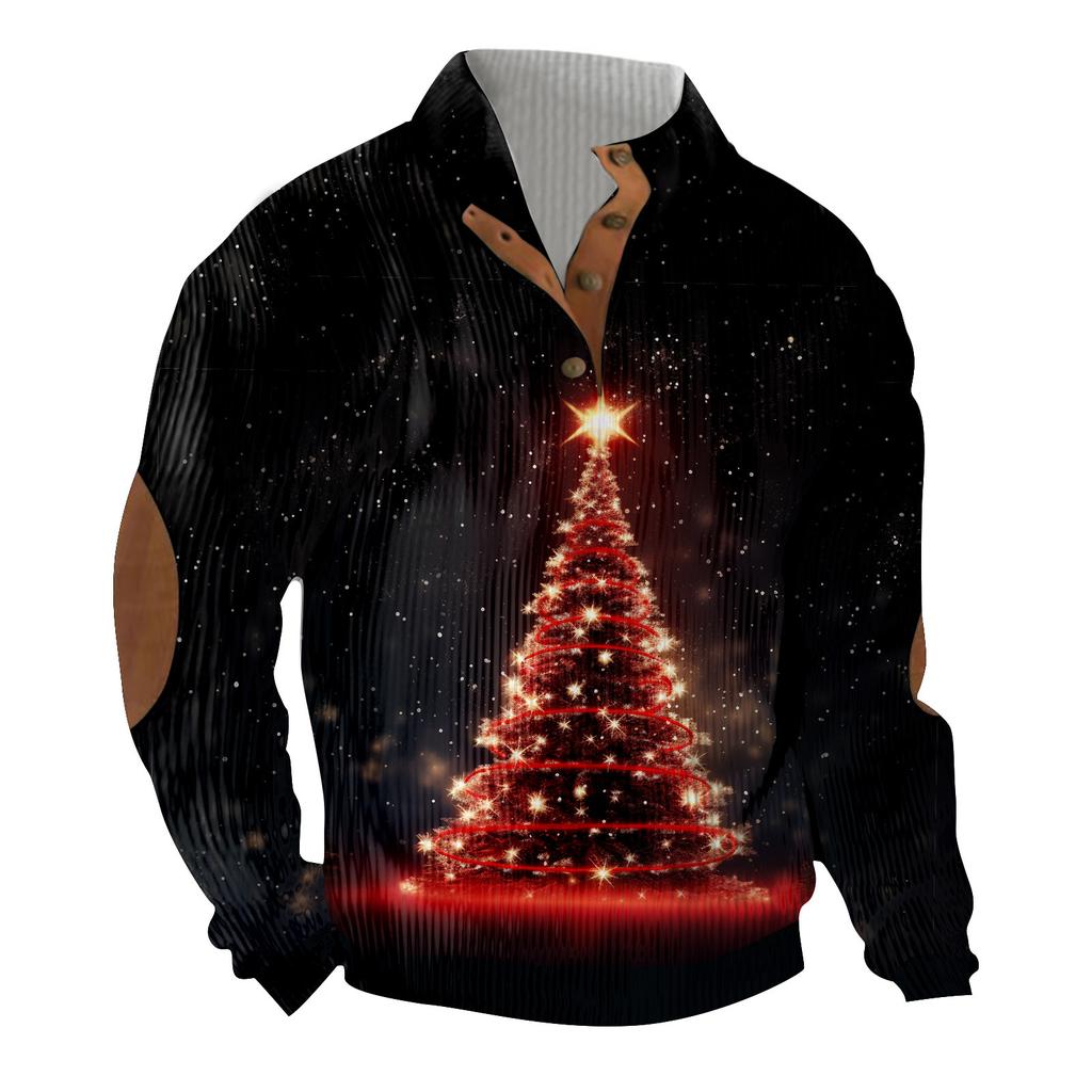 Weihnachtsdruck 3-Knopf - Herren-Sweatshirt mit Stehkragen, lässiger Outdoor-Kapuzenpullover mit Schnalle