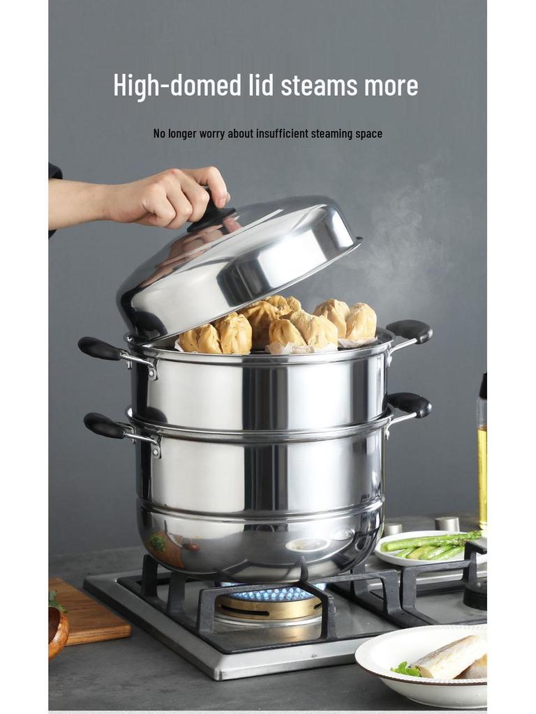 Large Stainless Steel Multi-Layer Steamer Pot for Steaming, Soup, and Fish, Compatible with Induction and Gas Stoves