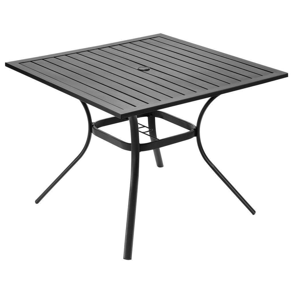 Garten-Esstisch, 94 cm quadratisch, Metall Stahlblech, Hinterhof Bistro-Tische, mit 38 mm Sonnenschirmloch, Außen Allwetter Große Möbel für Rasen