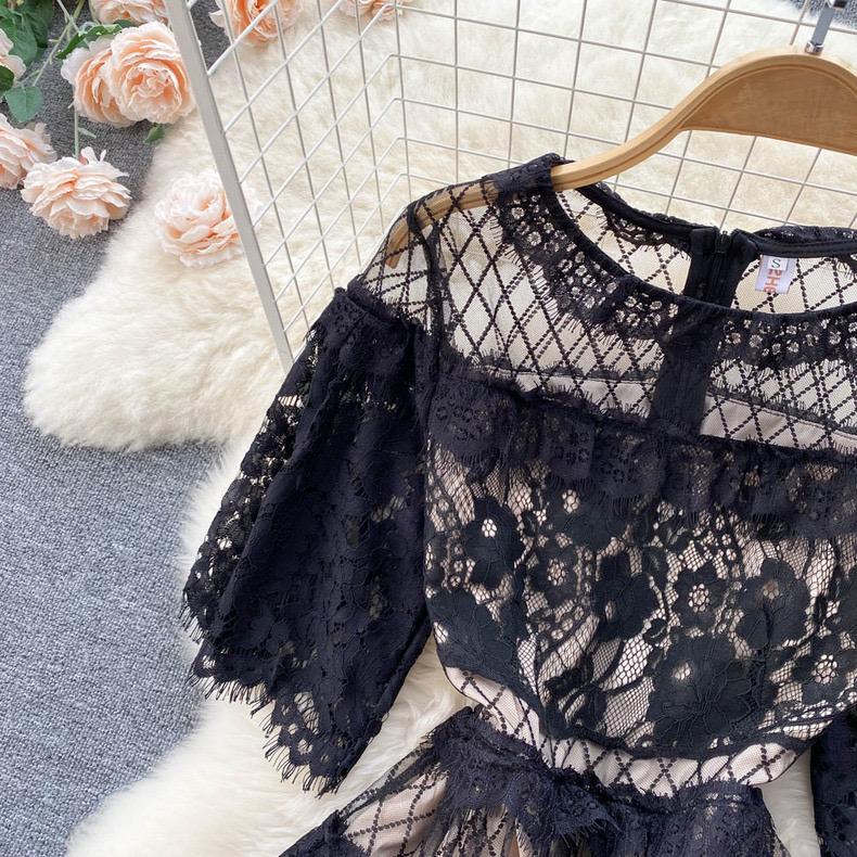 French Sweet Style Y2K Long Dresse Women Vintage Flower Hollow Out Solid Dresses Party Lace High Waist Spring Summer Casual New Clothing