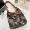Small Fresh Plaid Double-sided Back Plush Women's Shoulder Bags Simple Solid Color Ladies Handbag Large Capacity Female Tote Bag