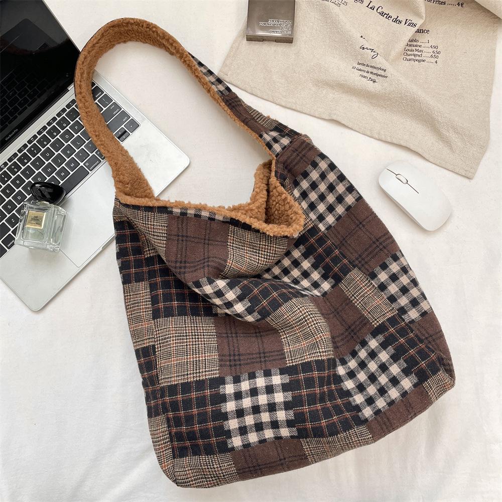 Small Fresh Plaid Double-sided Back Plush Women's Shoulder Bags Simple Solid Color Ladies Handbag Large Capacity Female Tote Bag