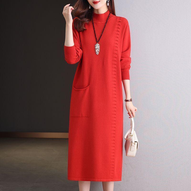 Knitted Dress Knee-length Women's Mid-length Loose Dress Plus-size Sweater Dress Solid-color Casual Half Turtleneck Pullover