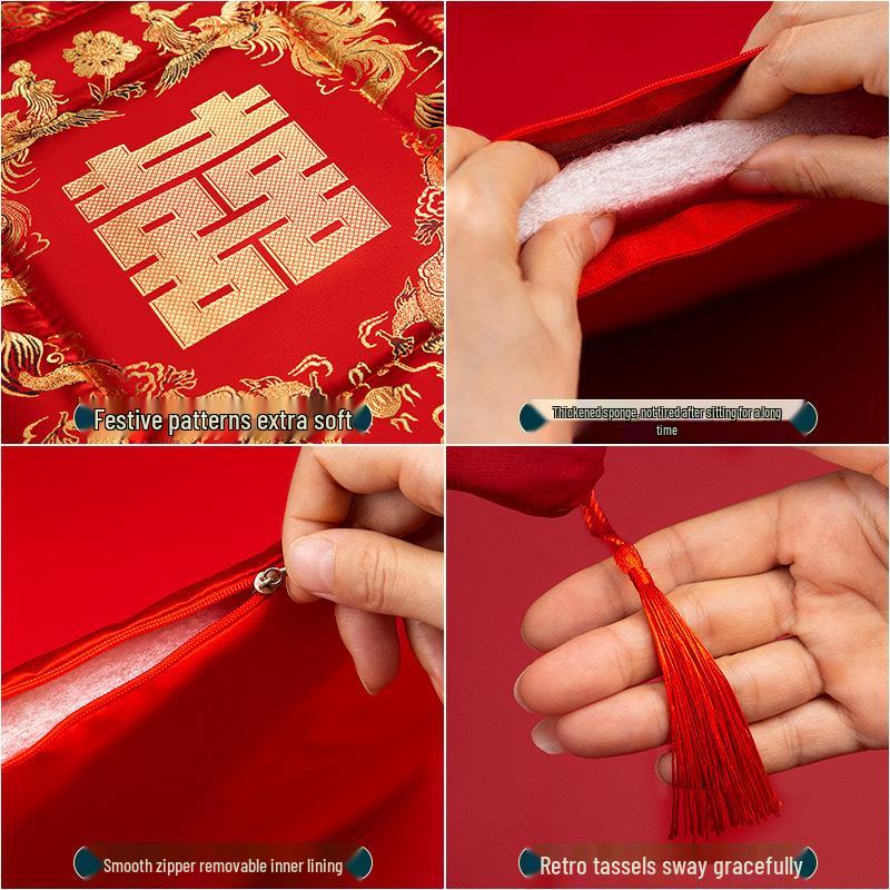 Wedding Double Happiness Kneeling and Sitting Cushion Set for Tea Ceremony and Worship, Red