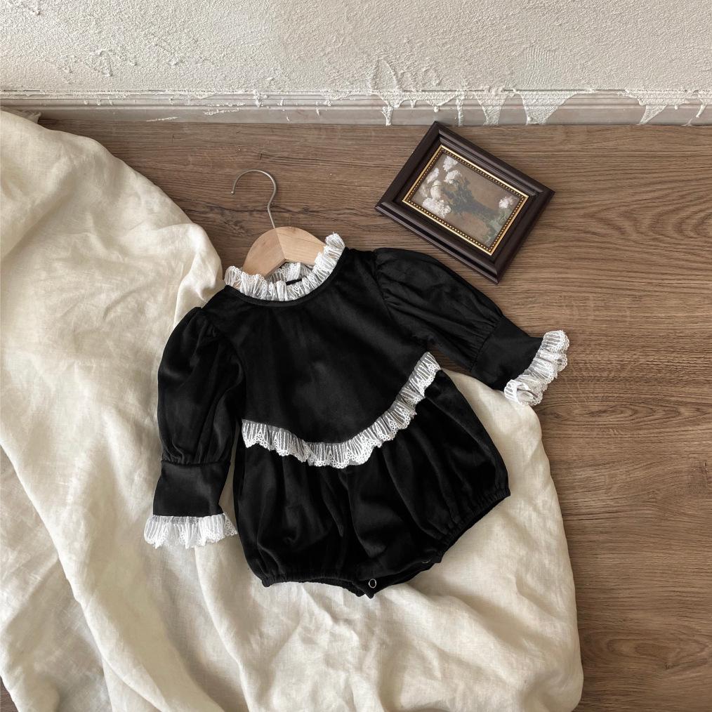 Infant Girls  Long Sleeve Black Velvet Lace Romper with Ruffle Collar Size 66