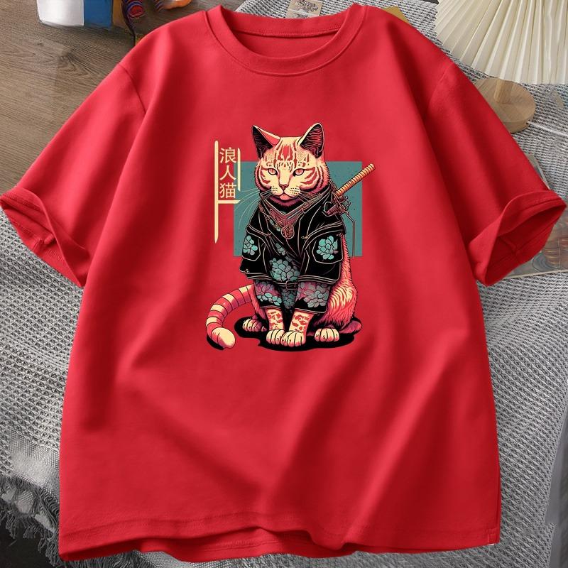 Japanese Samurai Cat Tattoo Graphic T Shirt Kawaii Ninja Cat TShirt Print Cotton Short Sleeve Tshirt Unisex Clothing Top Camisetas