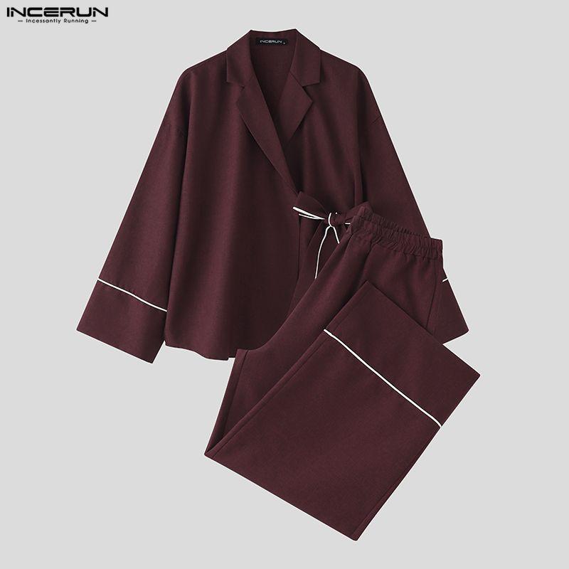 INCERUN Two Pieces Outfits Men Long Sleeve Kimono Shirt and Long Straight Pants Sets