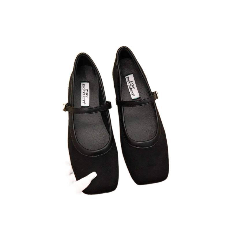 Fairy Wind Square Head Suede Medium Heel Grandma Shoes Girl 2025 Spring Versatile Vintage Soft Leather Mary Jane Coarse Heel Single Shoes Woman